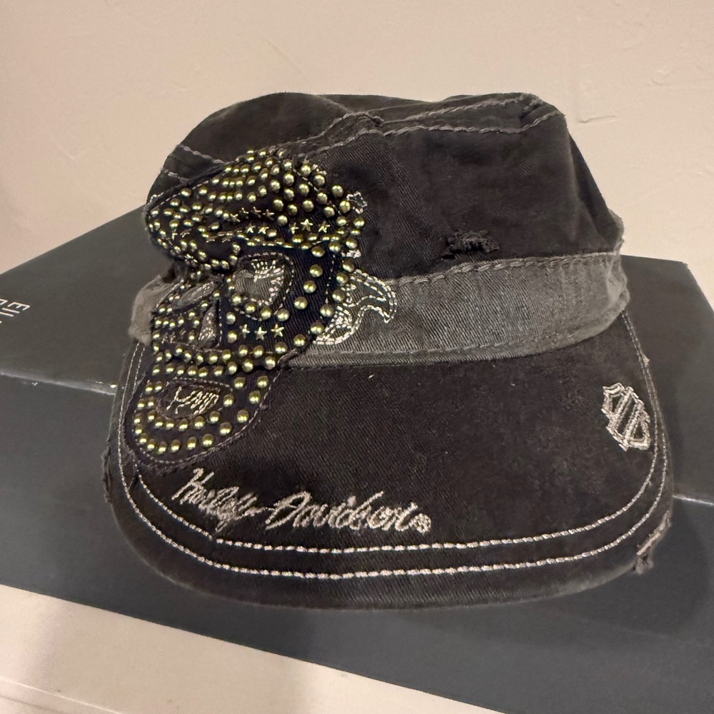 Harley-Davidson Cadet Hat Women One Size Black Excellent Studded Skull Biker Cap